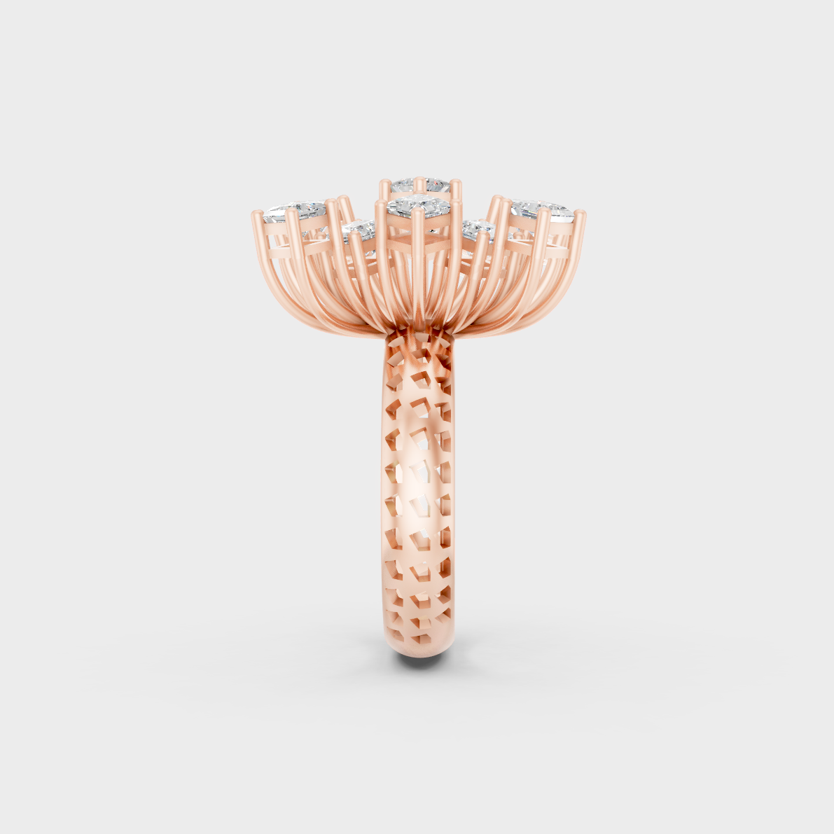 A Sustainable Lab-Created Diamond Statement Ring catching the light on a warm 18K Rose Gold Band.