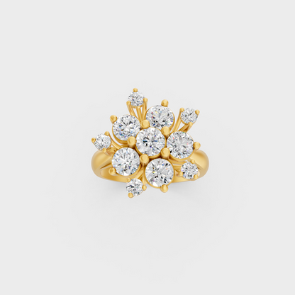 Side profile of an Ethical Luxury Statement Ring showcasing a Round Brilliant Lab Diamond on an 18K Yellow Gold Band.