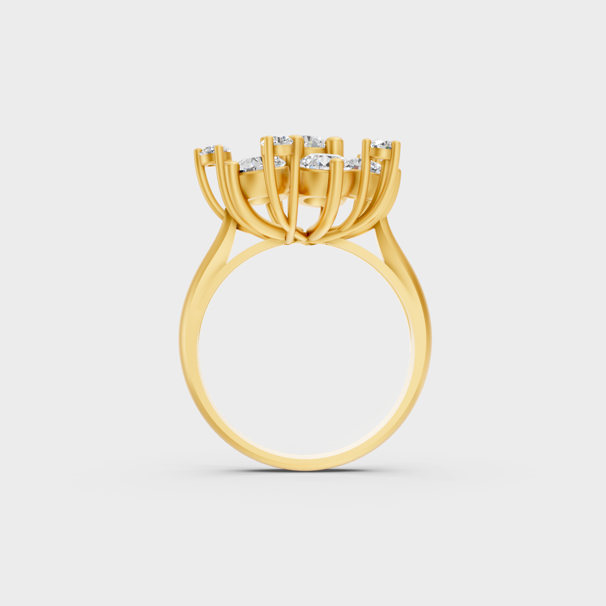 Top-down macro photo of a Sustainable 2 Carat Round Diamond Ring set in classic 18K Yellow Gold.
