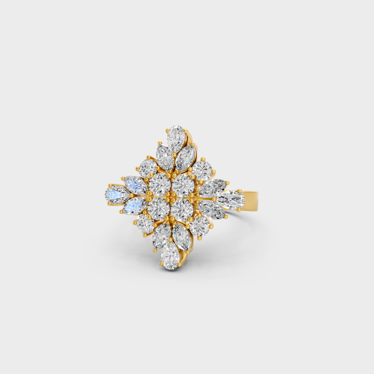 Close-up view of a 1.64 Carat Multishape Lab-Grown Diamond Cocktail Ring beautifully set in 14K Yellow Gold.
