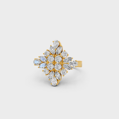 Close-up view of a 1.64 Carat Multishape Lab-Grown Diamond Cocktail Ring beautifully set in 14K Yellow Gold.