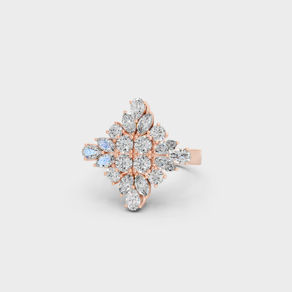 A romantic profile of the 1.64 Carat Multishape Lab-Grown Diamond Cocktail Ring in blush 14K Rose Gold.