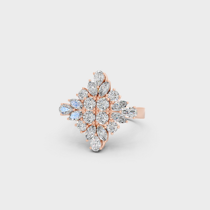 A romantic profile of the 1.64 Carat Multishape Lab-Grown Diamond Cocktail Ring in blush 14K Rose Gold.
