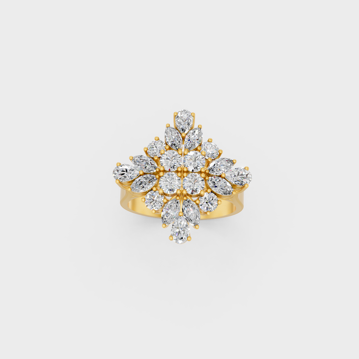 Side profile view of a Marquise, Pear, and Round Cut Statement Ring resting on an 18K Yellow Gold Band.