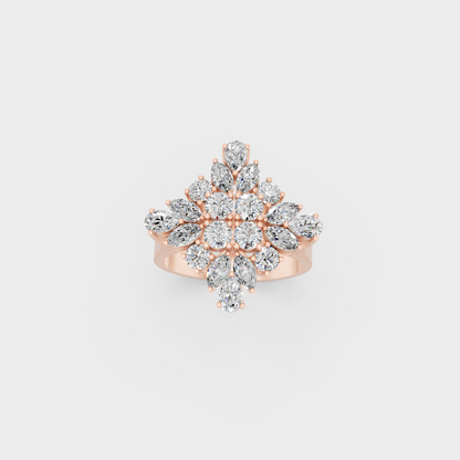 Gorgeous cluster of Marquise, Pear, and Round Cut Diamonds exuding Ethical Luxury on an 18K Rose Gold Band.