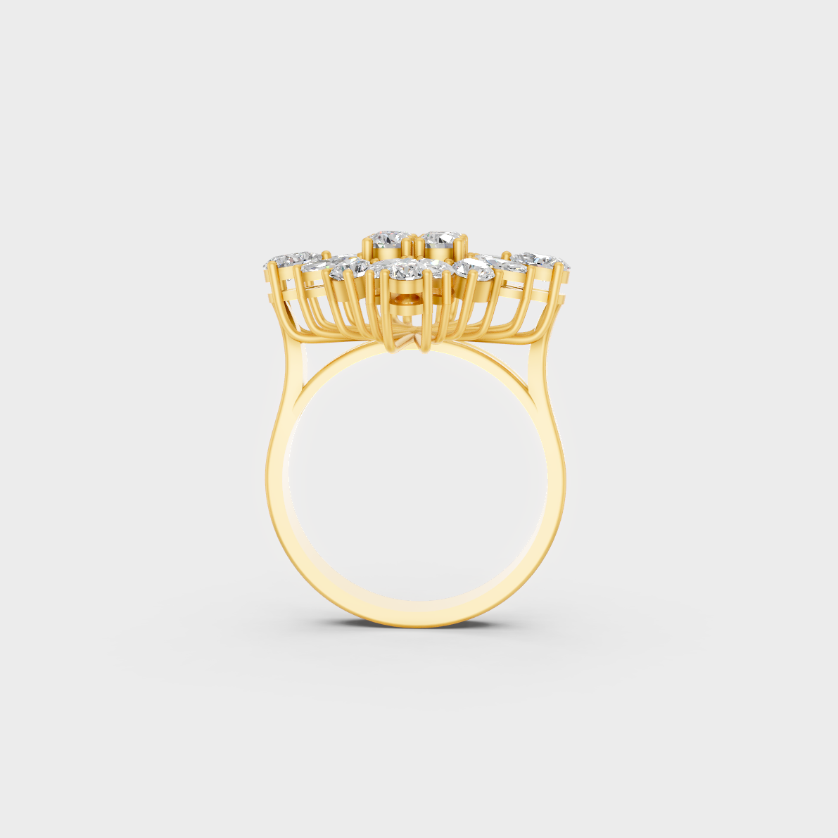 On-model hand wearing a 1.64ct Multishape Lab Diamond Cocktail Ring to show its Brilliant Sparkle in 9K Yellow Gold.
