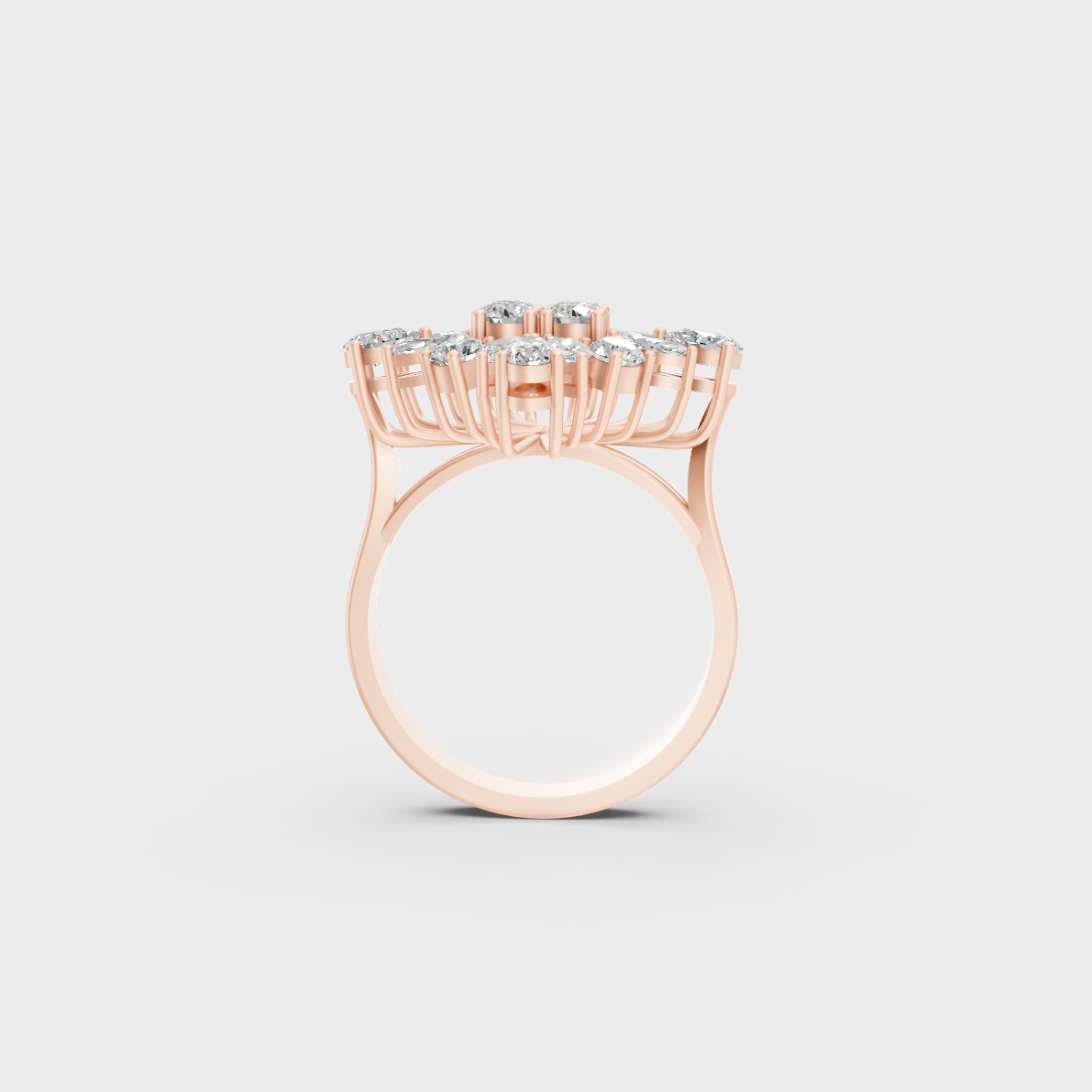 Top-down studio shot displaying the immense Brilliant Sparkle of a 1.64ct Multishape Diamond Ring in 9K Rose Gold.
