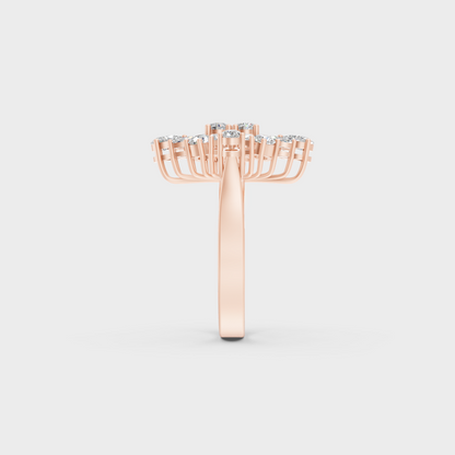 A Sustainable Lab-Created Diamond Statement Ring catching the light on a warm 18K Rose Gold Setting.