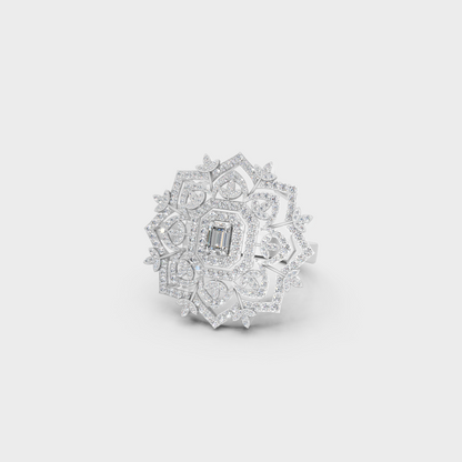 Breathtaking brilliance of a 0.81 Carat Emerald and Round Cut Lab-Grown Diamond Cocktail Ring in solid 950 Platinum.