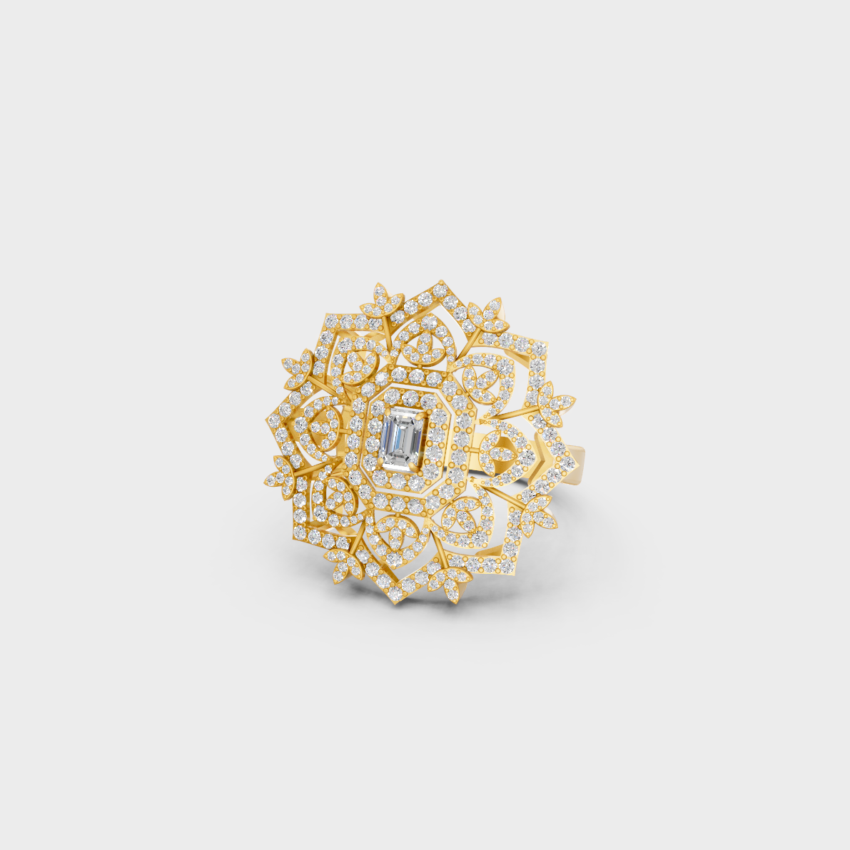 Close-up view of a 0.81 Carat Emerald and Round Cut Lab-Grown Diamond Cocktail Ring in 14K Yellow Gold.