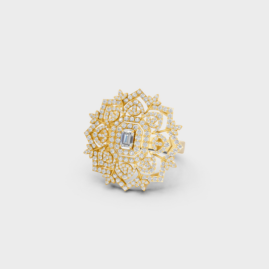 Close-up view of a 0.81 Carat Emerald and Round Cut Lab-Grown Diamond Cocktail Ring in 14K Yellow Gold.