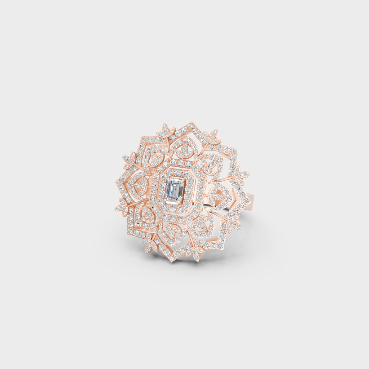A romantic profile of the 0.81 Carat Emerald and Round Cut Lab-Grown Diamond Cocktail Ring in blush 14K Rose Gold.