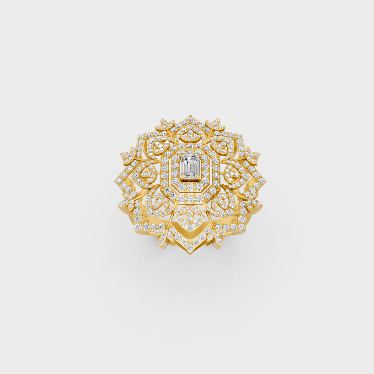 Side profile of an Ethical Luxury Statement Ring showcasing an Emerald and Round Brilliant Lab Diamond on an 18K Yellow Gold Band.