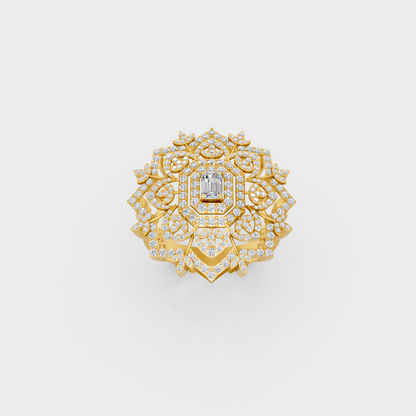 Side profile of an Ethical Luxury Statement Ring showcasing an Emerald and Round Brilliant Lab Diamond on an 18K Yellow Gold Band.