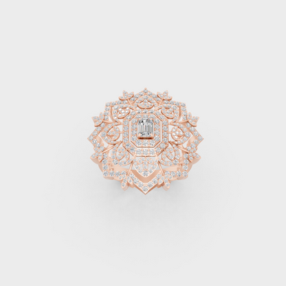 Elegant Multi-Shape Lab Diamond Cocktail Ring exhibiting Ethical Luxury on an 18K Rose Gold Band.