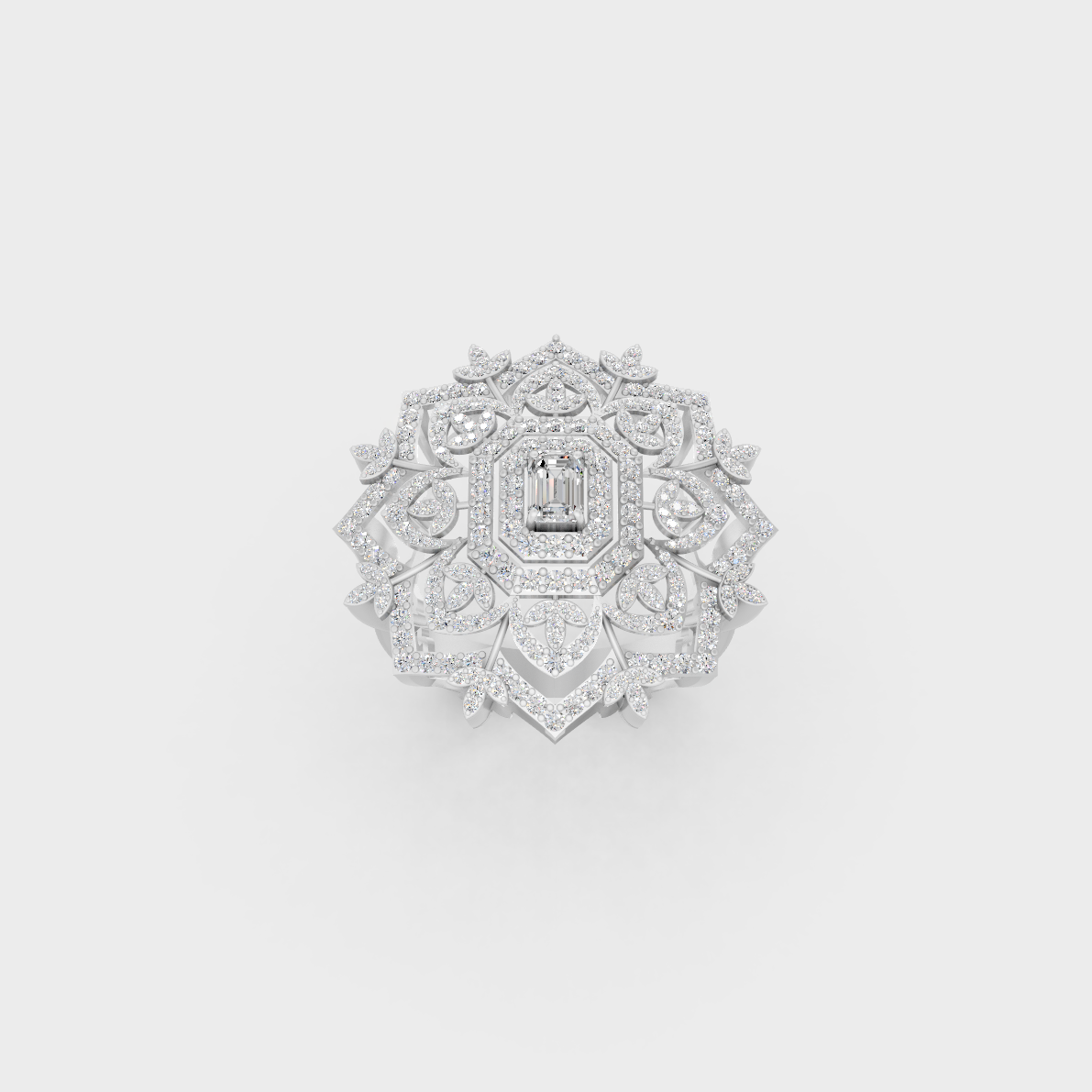 Front view of an Ethical Luxury Statement Ring with an Emerald and Round Brilliant Diamond secured in 14K White Gold.
