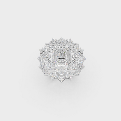 Front view of an Ethical Luxury Statement Ring with an Emerald and Round Brilliant Diamond secured in 14K White Gold.