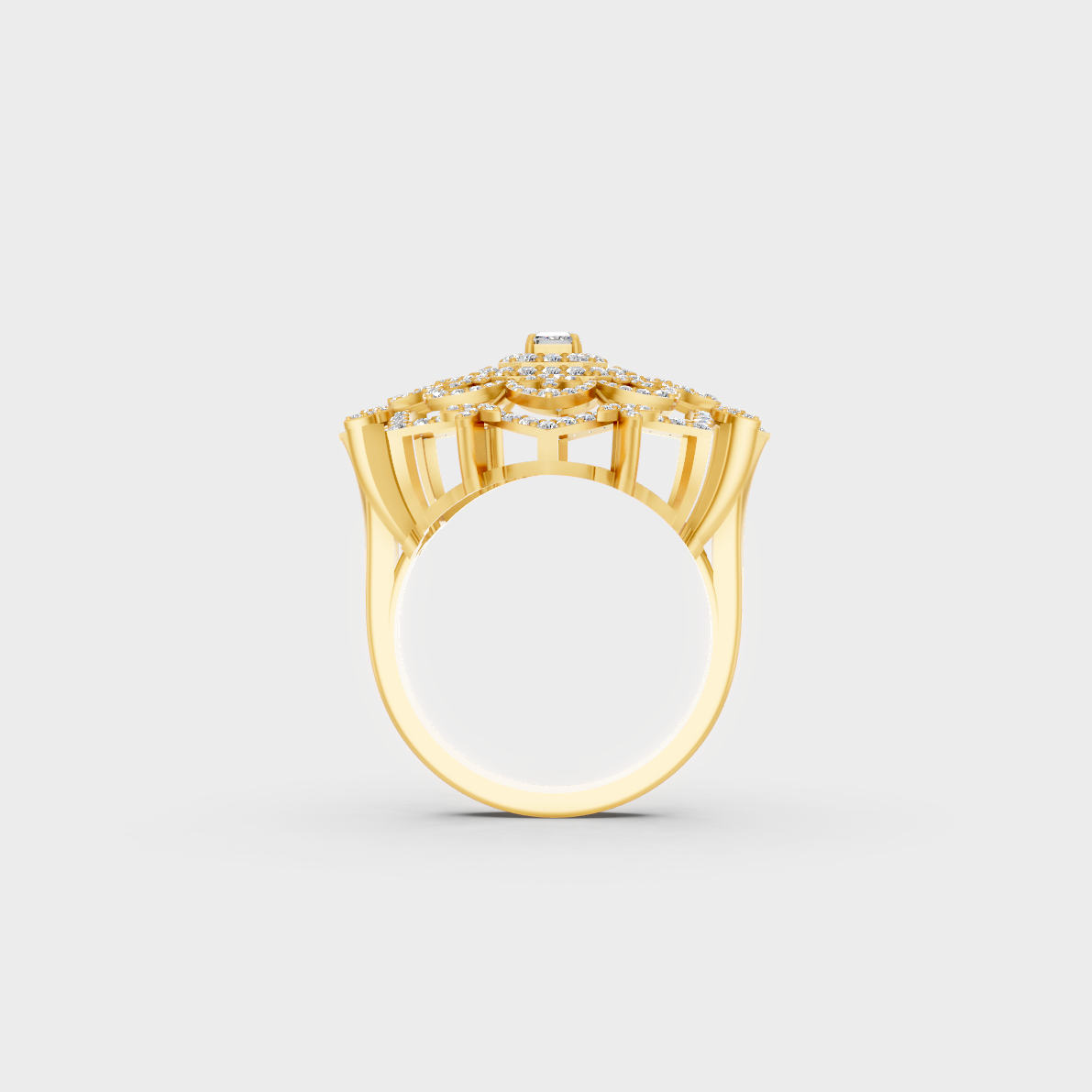 On-model hand wearing a 0.81ct Emerald and Round Diamond Cocktail Ring displaying its Brilliant Sparkle in 9K Yellow Gold.
