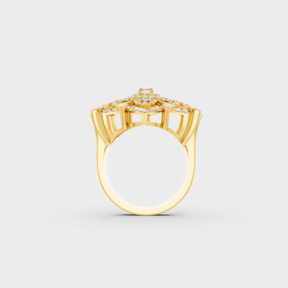 On-model hand wearing a 0.81ct Emerald and Round Diamond Cocktail Ring displaying its Brilliant Sparkle in 9K Yellow Gold.