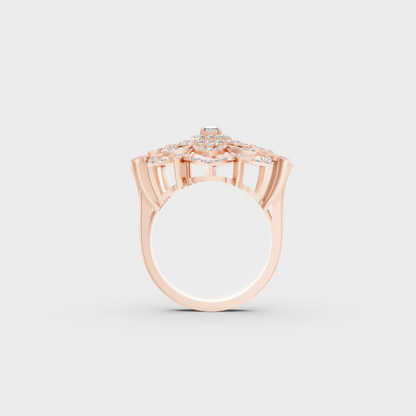 Top-down studio shot displaying the immense Brilliant Sparkle of a 0.81ct Emerald and Round Diamond Ring in 9K Rose Gold.