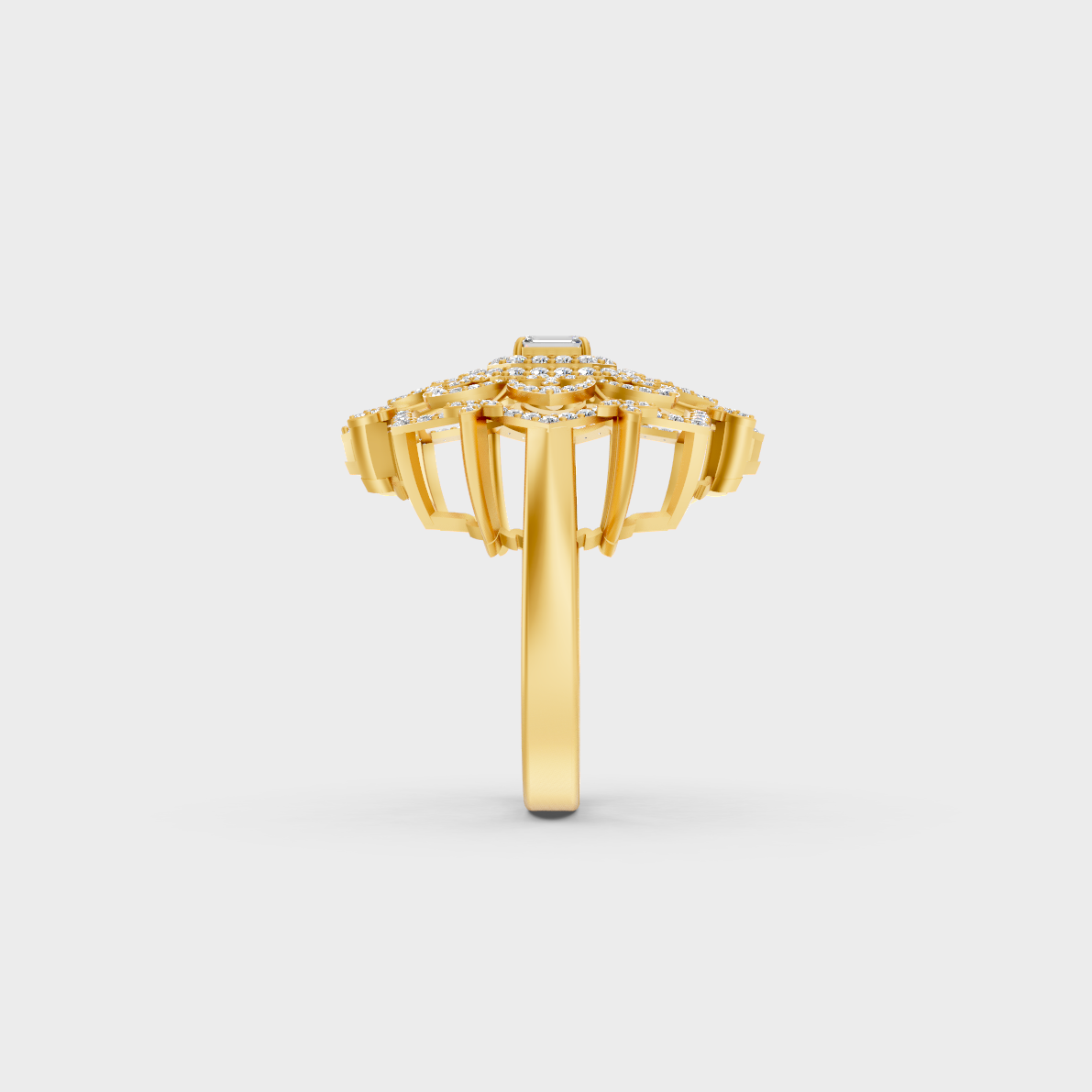 Top-down macro photo of a Sustainable 0.81 Carat Multi-Shape Diamond Ring set in classic 18K Yellow Gold.