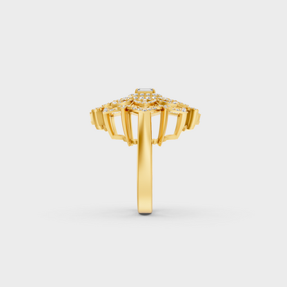 Top-down macro photo of a Sustainable 0.81 Carat Multi-Shape Diamond Ring set in classic 18K Yellow Gold.