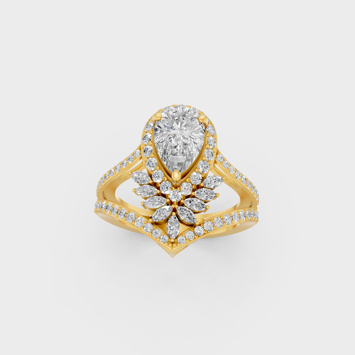 Side profile view of a Marquise, Pear, and Round Cut Statement Ring resting on an 18K Yellow Gold Band.