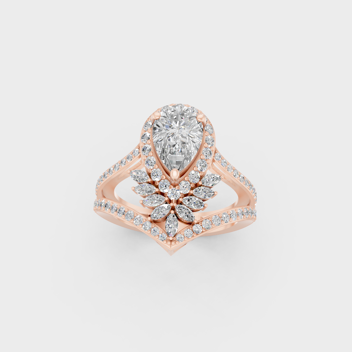 Gorgeous cluster of Marquise, Pear, and Round Cut Diamonds exuding Ethical Luxury on an 18K Rose Gold Band.