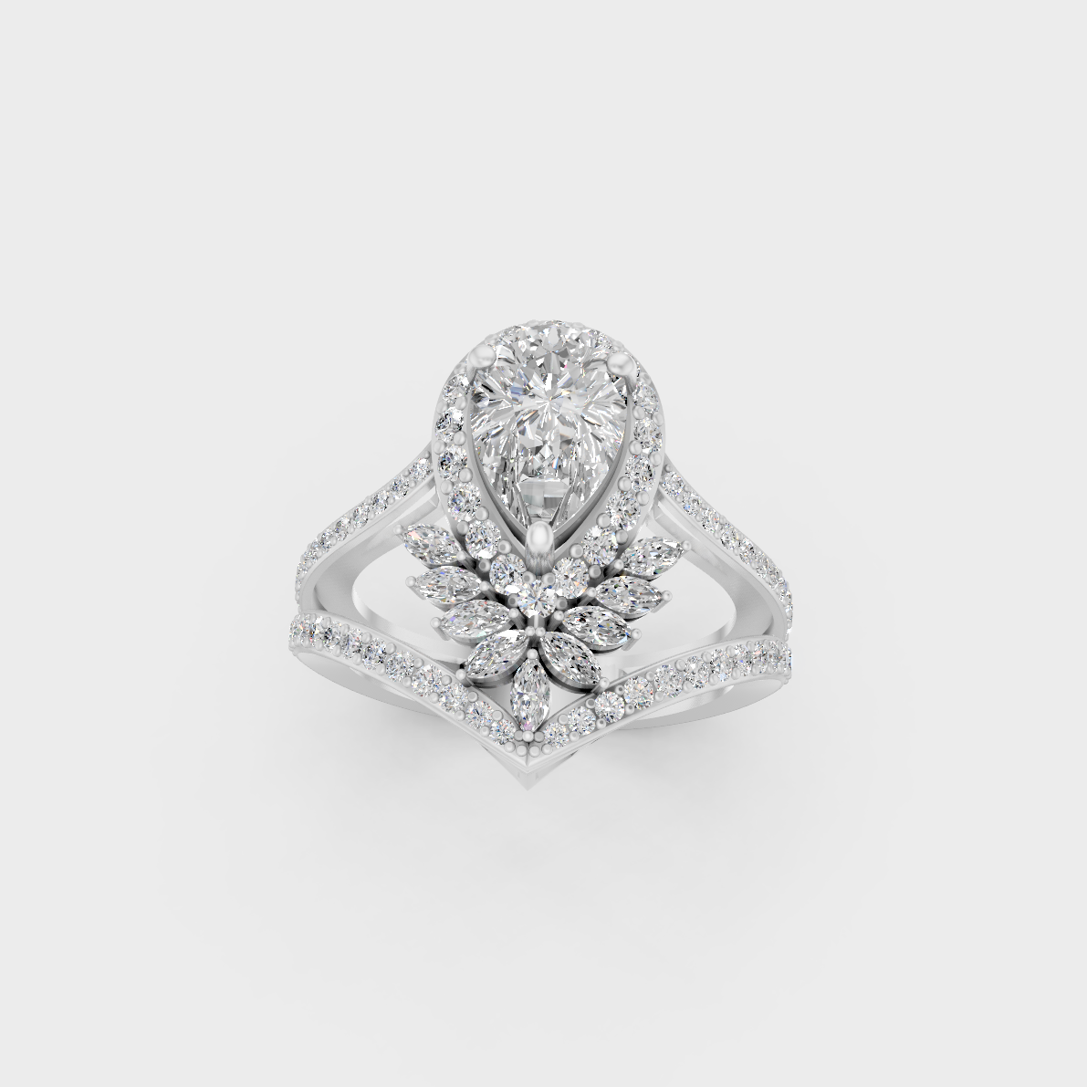 Front view of an Ethical Luxury Statement Ring with Marquise, Pear, and Round Brilliant Diamonds secured in 14K White Gold.