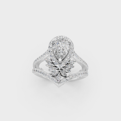 Front view of an Ethical Luxury Statement Ring with Marquise, Pear, and Round Brilliant Diamonds secured in 14K White Gold.