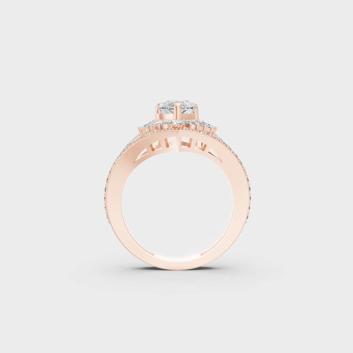 Top-down studio shot displaying the immense Brilliant Sparkle of a 2ct Multishape Diamond Ring in 9K Rose Gold.