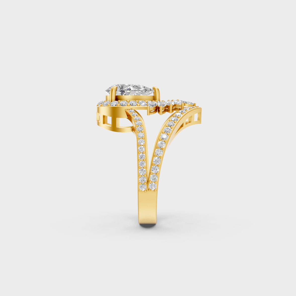 Top-down macro photo of an Ethical Luxury Mixed Shape Diamond Ring cast in classic 18K Yellow Gold.