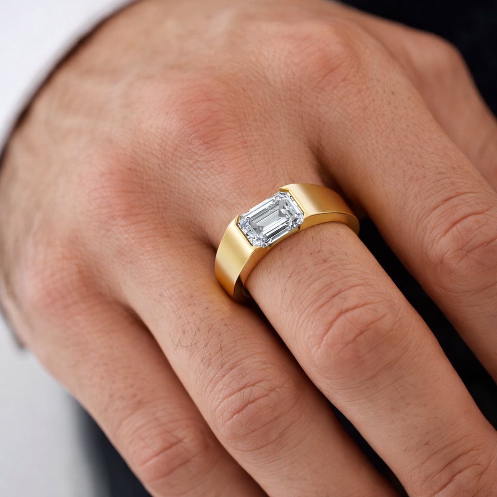 Yellow Gold Men’s Band With Certified Emerald Solitaire Showcase