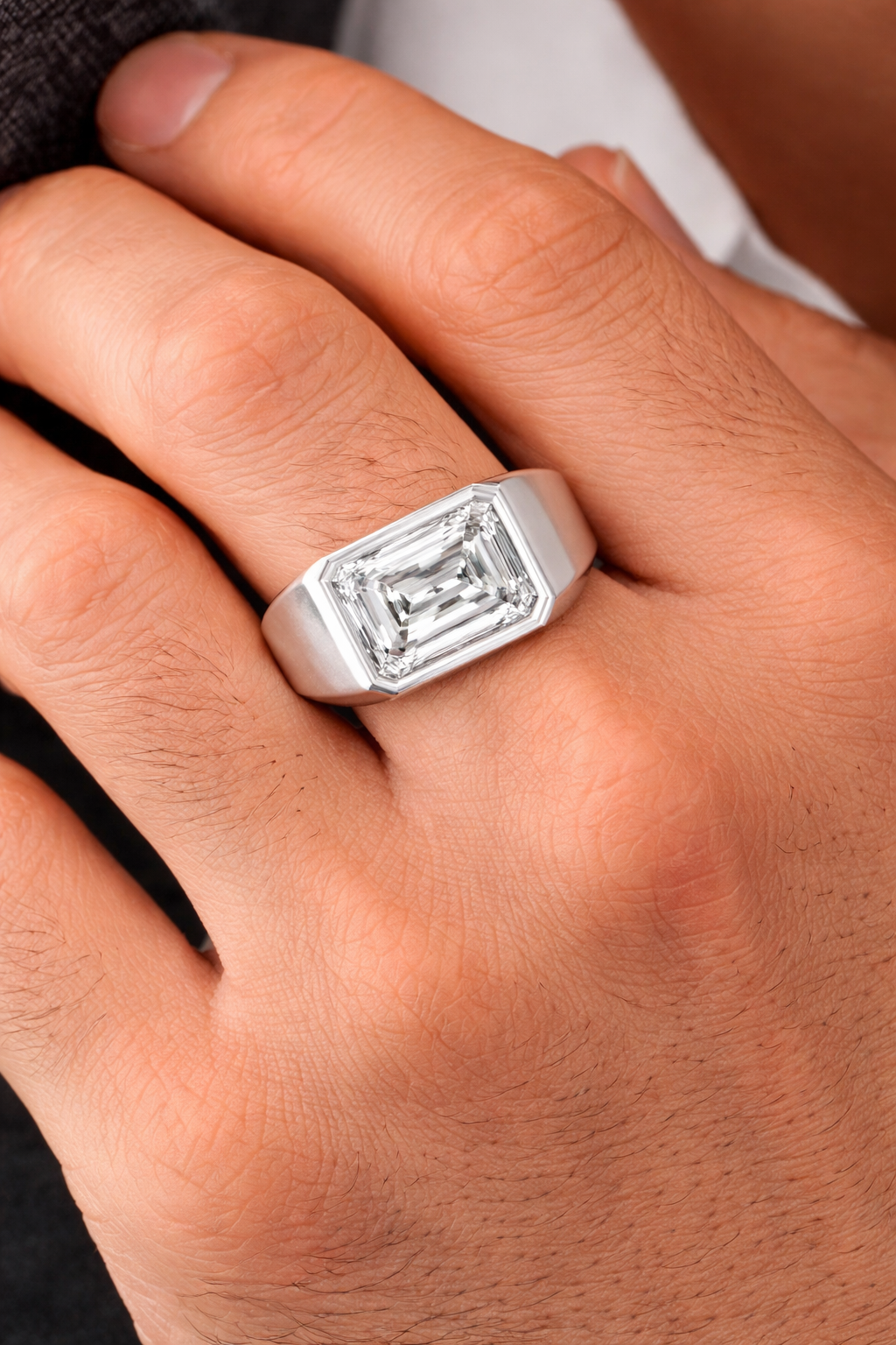 White Gold Men’s Band Featuring A 1-5Ct Emerald Lab Diamond