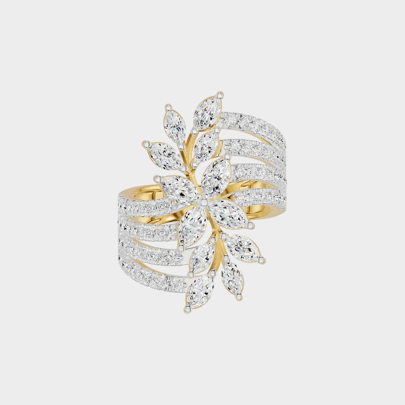 Classic yellow gold statement ring featuring a round lab diamond