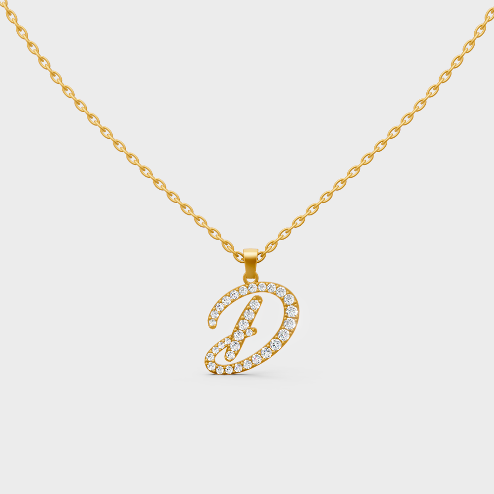 Front View of "D" Alphabet Lab Grown Diamond Pendant with Matching Yellow Gold Chain