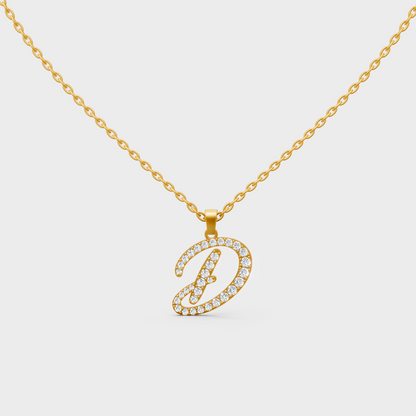 Front View of "D" Alphabet Lab Grown Diamond Pendant with Matching Yellow Gold Chain
