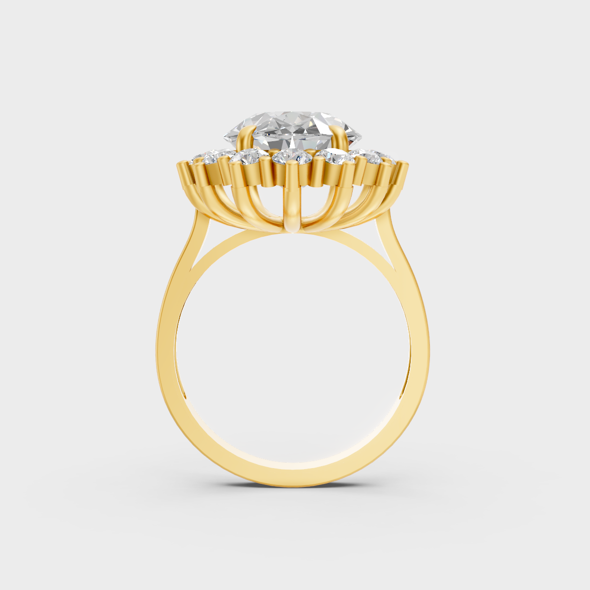 Luxury 6 Ct Oval Cut Lab-Grown Diamond Halo Ring with intricate stone accents in 9K Yellow Gold.