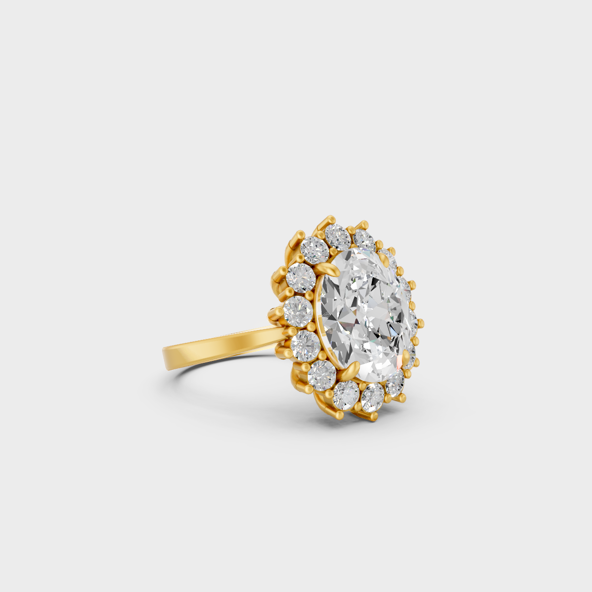 Certified 6 Ct Oval and Round-Cut Lab-Grown Diamond Halo Ring in 18K Yellow Gold.