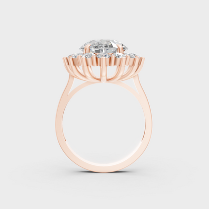 Stunning 6 Ct Oval Lab-Grown Diamond Halo Ring in a 14K Rose Gold setting.
