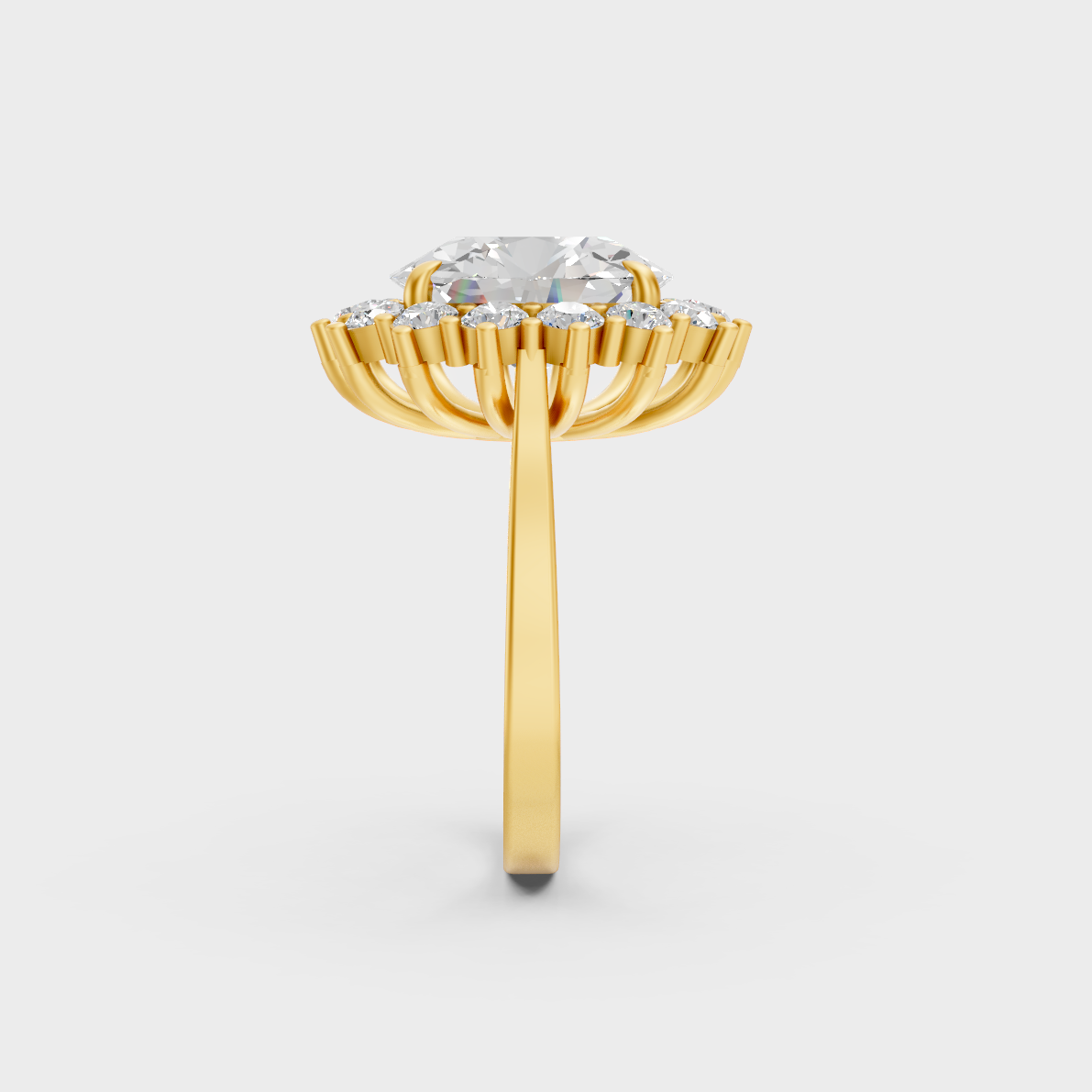 Close-Up View of 6 Ct Oval and Round-Cut Lab-Grown Diamond Halo Ring with warm 18K Yellow Gold band.