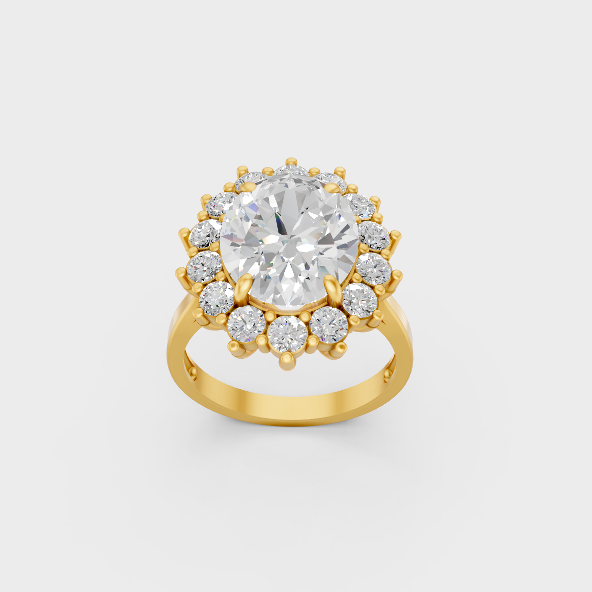 Majestic 6 Carat Oval Lab-Grown Diamond Engagement Ring with sparkling round halo in 14K Yellow Gold.