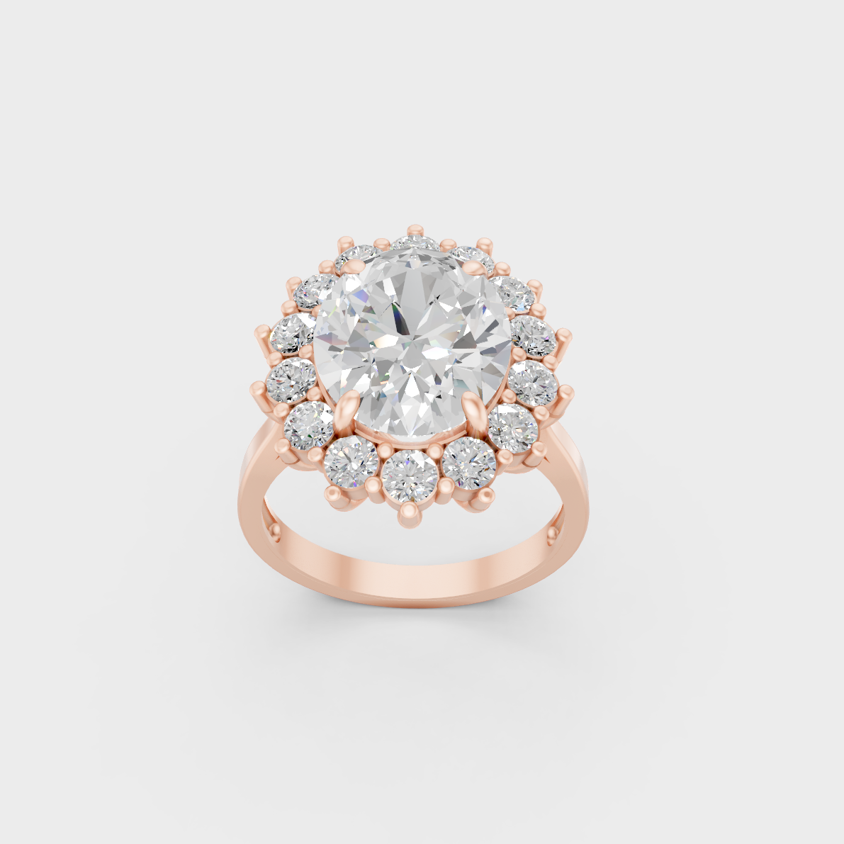 Contemporary 6 Carat Diamond Halo Ring crafted in romantic Rose Gold.