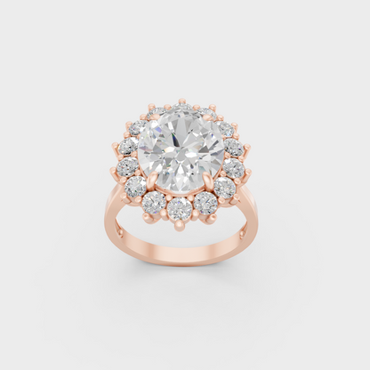 Contemporary 6 Carat Diamond Halo Ring crafted in romantic Rose Gold.