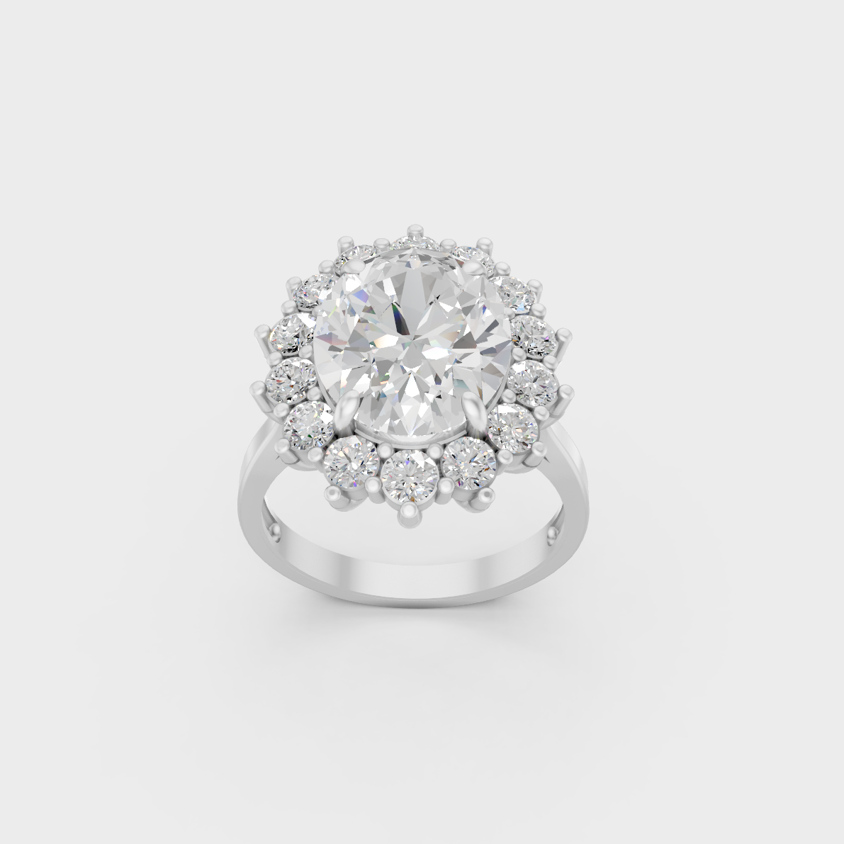 Minimalist yet Grand 6 Carat Oval Diamond Halo Ring in polished White Gold.