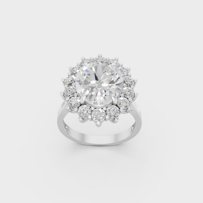 Minimalist yet Grand 6 Carat Oval Diamond Halo Ring in polished White Gold.