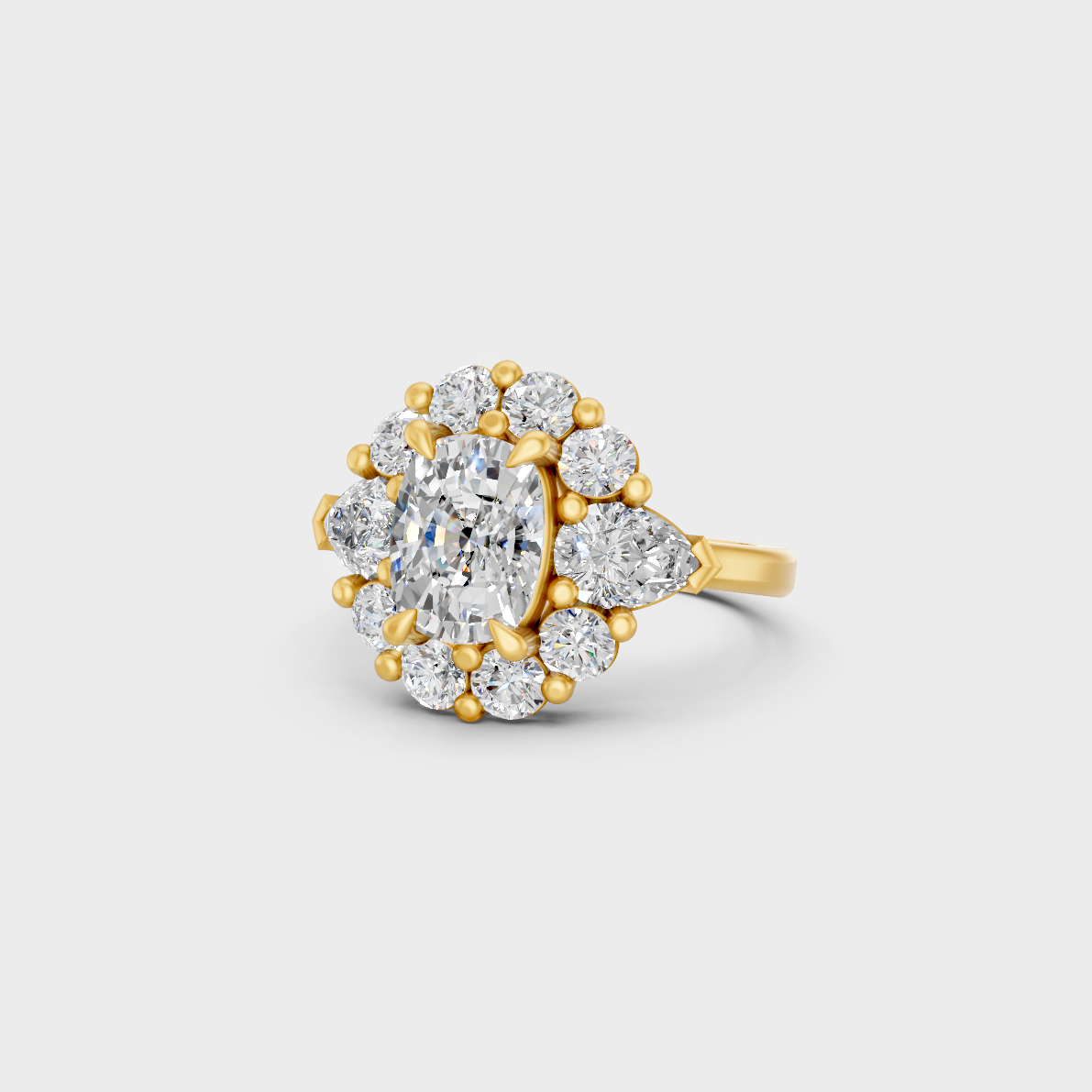 Certified 4.12 Carat Multishape (Cushion, Round, Pear) Cut Lab-Grown Diamond Halo Ring in 18K Yellow Gold.