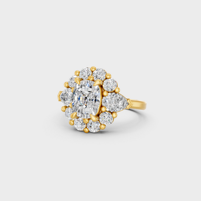 Certified 4.12 Carat Multishape (Cushion, Round, Pear) Cut Lab-Grown Diamond Halo Ring in 18K Yellow Gold.