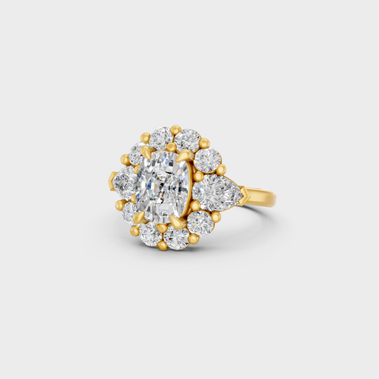 Certified 4.12 Carat Multishape (Cushion, Round, Pear) Cut Lab-Grown Diamond Halo Ring in 18K Yellow Gold.