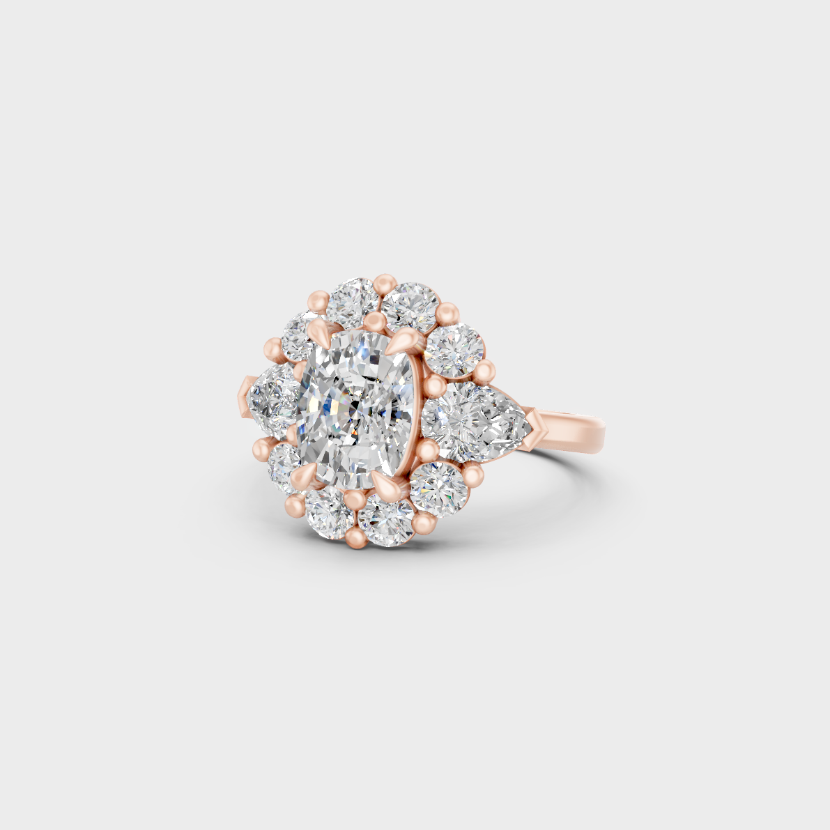 Distinctive 4.12 Carat Multishape (Cushion, Round, Pear) Cut Lab-Grown Diamond Halo Ring in 18K Rose Gold.